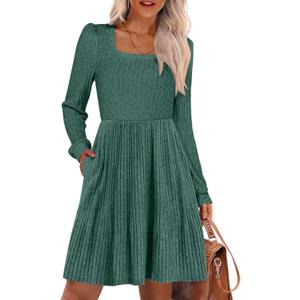 ANRABESS Women's Square Neck Long Sleeve Fall Dress Casual Ribbed Knit Soft 2026 Trendy Short Sweater Dresses with Pockets Green Medium (Green, M)