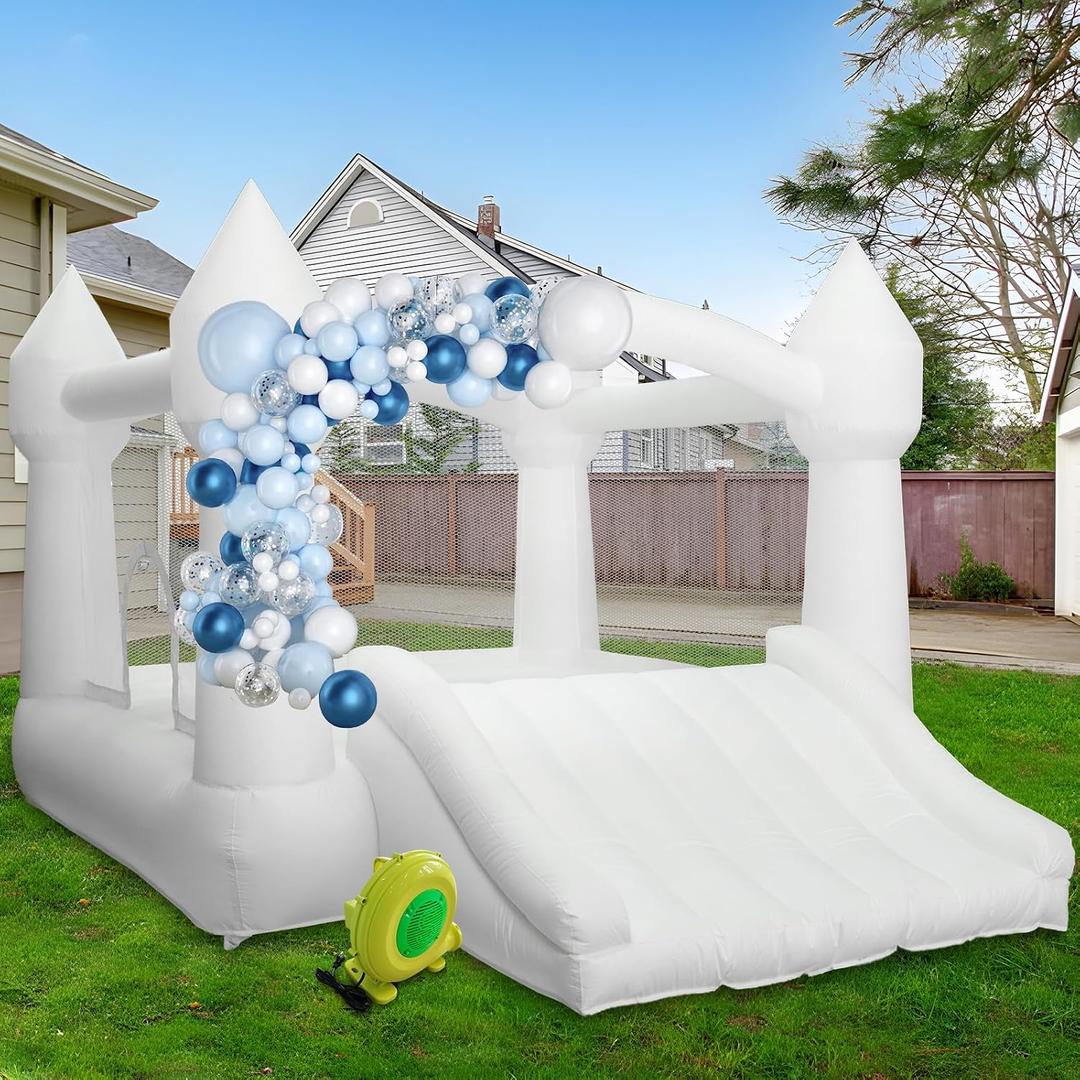 AKSPORT Inflatable Bounce House,White Castle Bounce House for Kids 3-6 Indoor & Outdoor Inflatable Bouncer House with Slide & Air Blower & Balloons for Kids Birthday Party,Wedding Party, 11.97x8.98x7.15ft