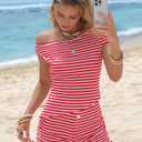 EXLURA Women 2 Piece Summer Outfits Casual Striped Lounge Set Ribbed Knit Off Shoulder Short Sleeve Top and Drawstring Shorts (Red, S)