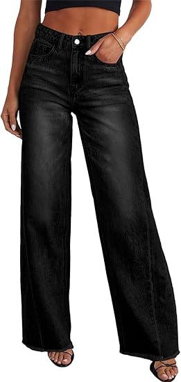 SIDEFEEL Women's Wide Leg Jeans High Waisted Stretchy Raw Hem Denim Pants Black L