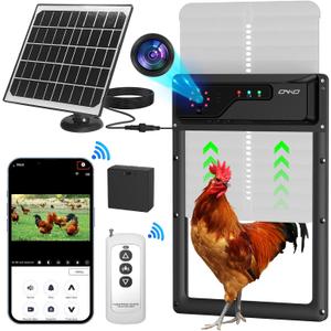 Automatic Chicken Coop Door with Camera, Battery Solar Powered, App Timer Remote Control, WiFi Monitor, LCD Large Screen, Aluminum Electric Chicken Coop Door with Anti-Pinch and Anti-Trap Sensor Drive