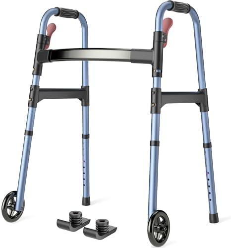 HOMLAND Folding Walkers for Seniors with Wheels, Lightweight Rolling Walker, Height Adjustable Standard Walker with Aluminum Frame, Blue