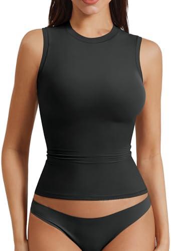 YEOREO Women Basic Mock Neck Workout Crop Top Sleeveless Double Lined Tank Tee Slim Fitted Ruched Going Out Camisole GREY Medium