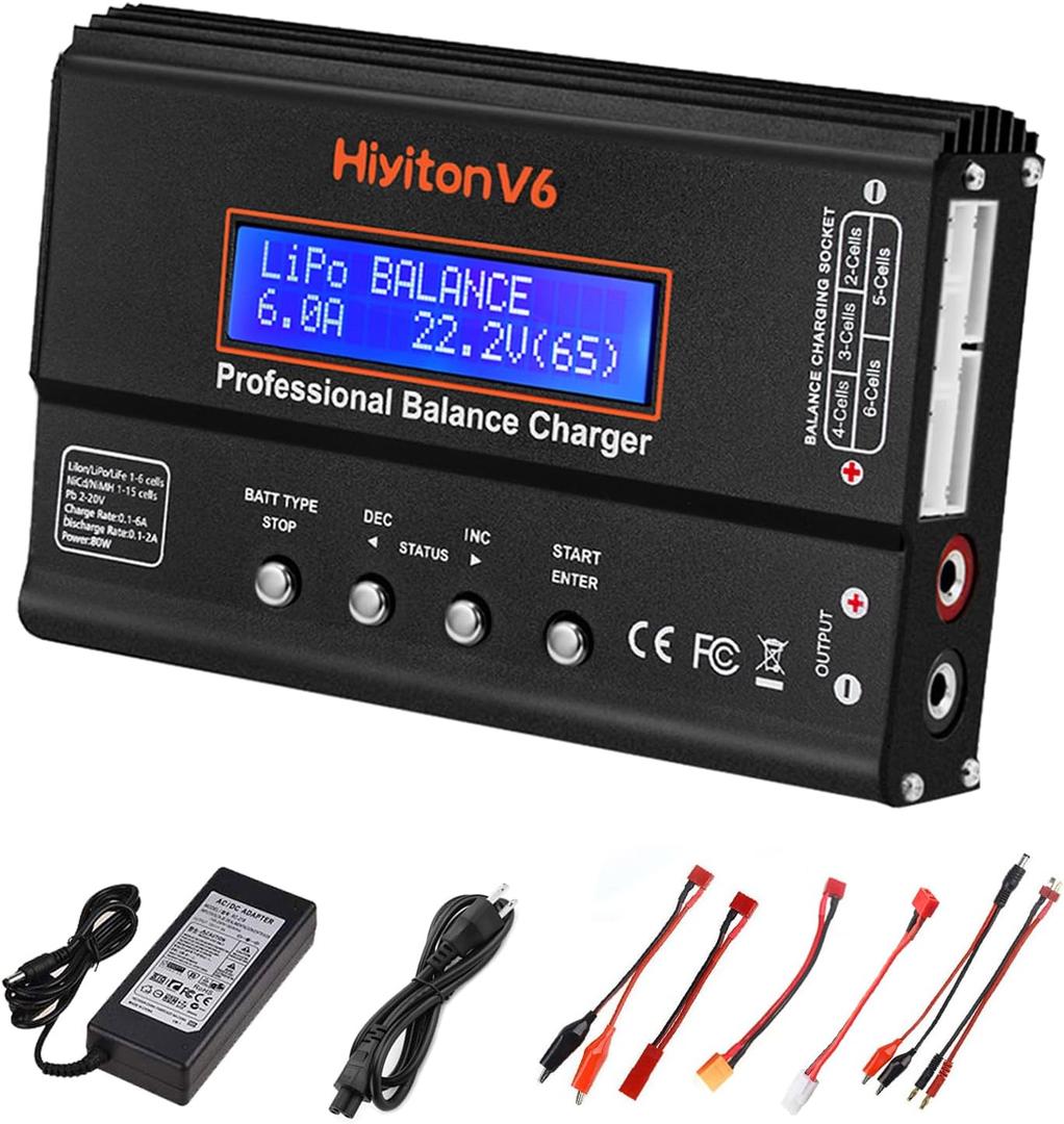 Lipo Battery Charger, 1S-6S Balanced Charger Discharger, 1-6S Lipo Li-ion NiMH NiCD Li-Fe Battery with Tamiya XT60 Deans Futaba Connector (black)