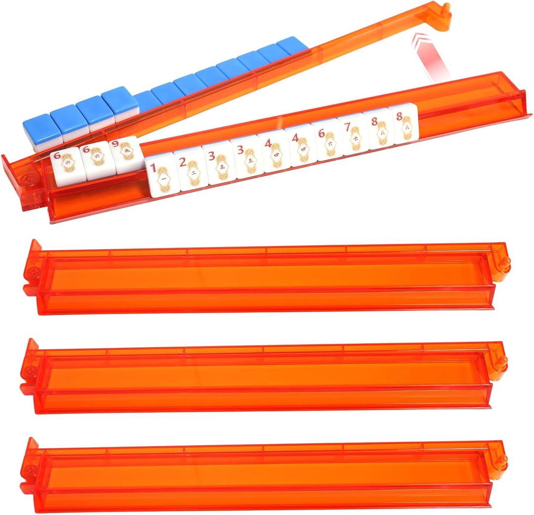 Mahjong Racks with Pushers Set of 4, All-in-one Integrated Tile Rack Combo, Premium Compact Plastic Mahjong Racks with Pushers for 166 PCS 1.2 Inch American Mahjong Tile, 17.8 x 3.1 x 1.2 inches