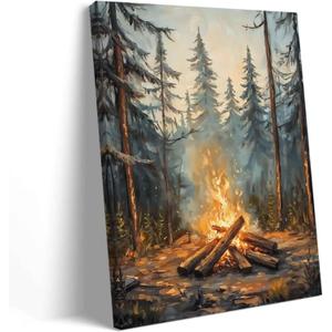 XLMDYYSW Forest Bonfire Wall Art Woodland Campfire Pictures Vintage Camping Theme Canvas Print Farmhouse Nature Landscape Paintings Bedroom Home Decor Framed (Brown, 18L x 12W)