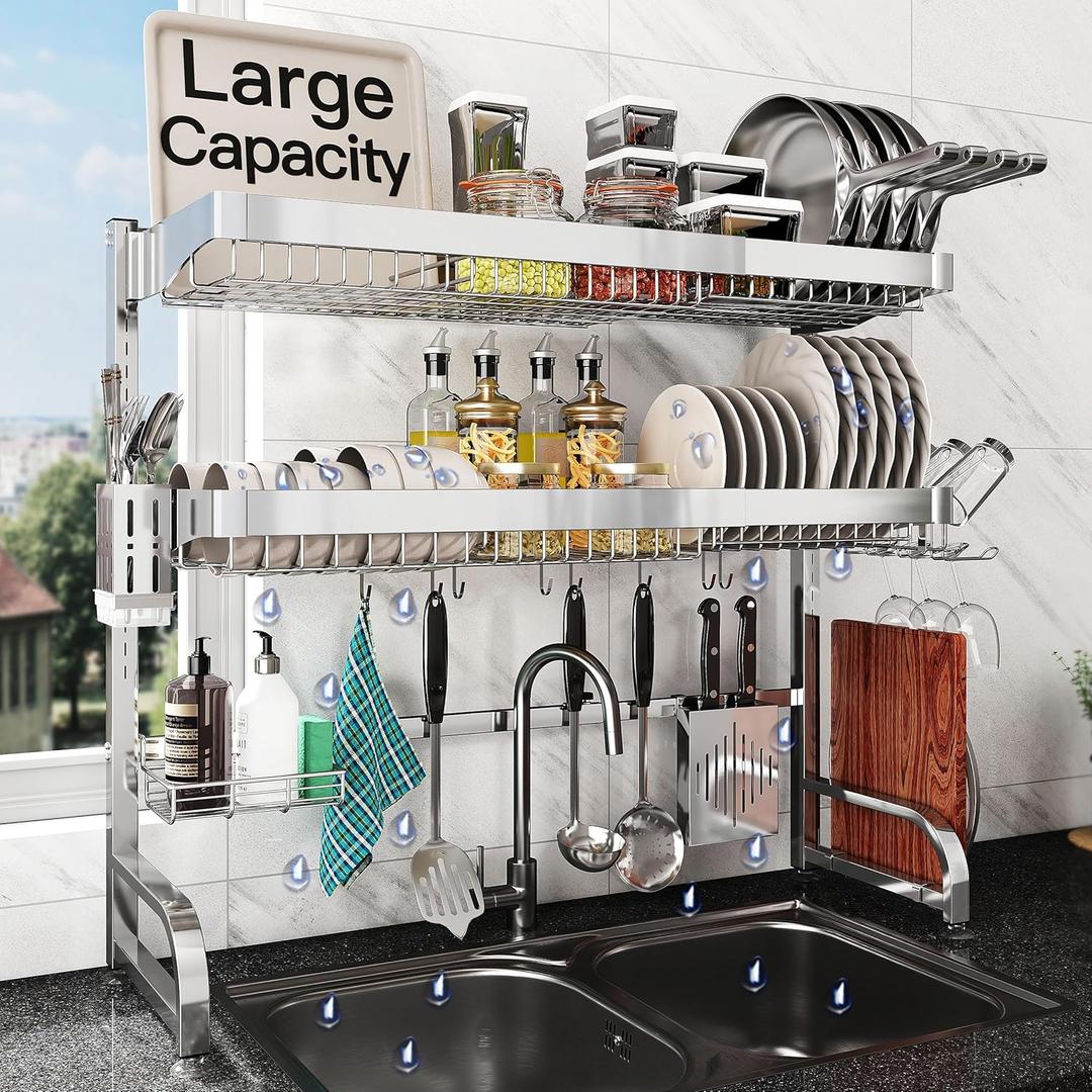 Over The Sink Dish Drying Rack, Extra Large Capacity Dish Drainer | 3 Tier Extra Large All Stainless Steel Expandable Plate Strainers, Rustproof Metal, Counter Space Saving, Modern Silver