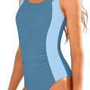 Girls Swimsuit Texture Girls Bathing Suits One Piece Color Block Girl Swimwear 9-16 Years Swim Suit (Blue)