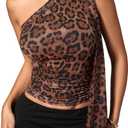 RoseSeek Women's Leopard Asymmetrical Halter Tops Sleeveless Slim Fit Summer Going Out Y2K Crop Tank Top M