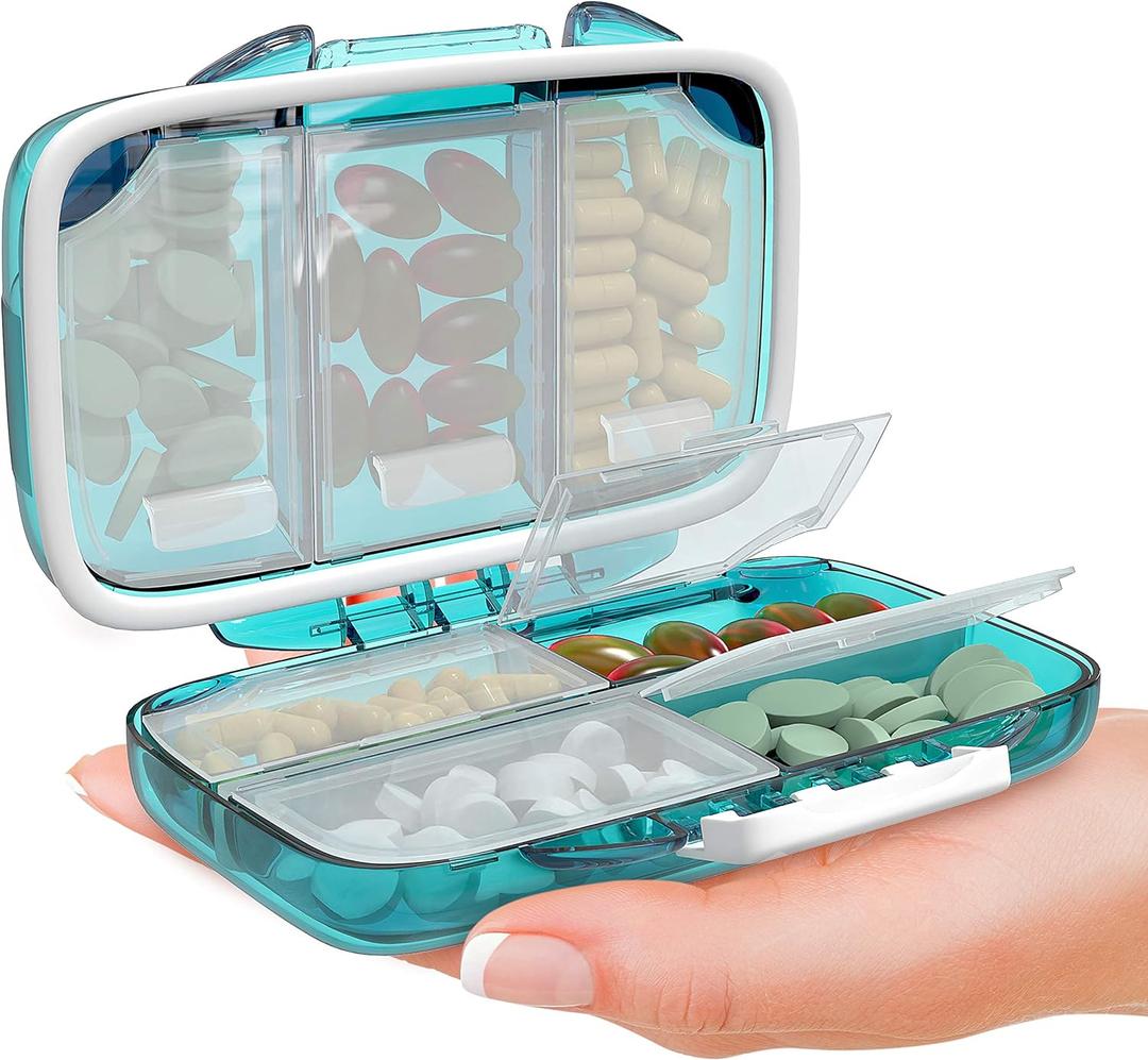 Travel Pill Organizer  Compact Medicine Kit for Purse, Portable Pharmacy Pill Box with Labels, Moisture-Proof Vitamin & Supplement Holder with 7 Secure Compartments for Home & Travel (Green)