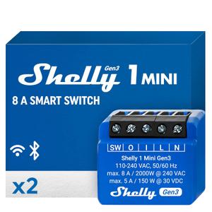 Shelly 1 Mini Gen3 | WiFi Smart Switch Relay 1 Channel 8A | Home Automation | Bluetooth Gateway | Compatible with Alexa & Google Home | iOS Android App | No Hub Required | Dry Contacts (2 Pack)