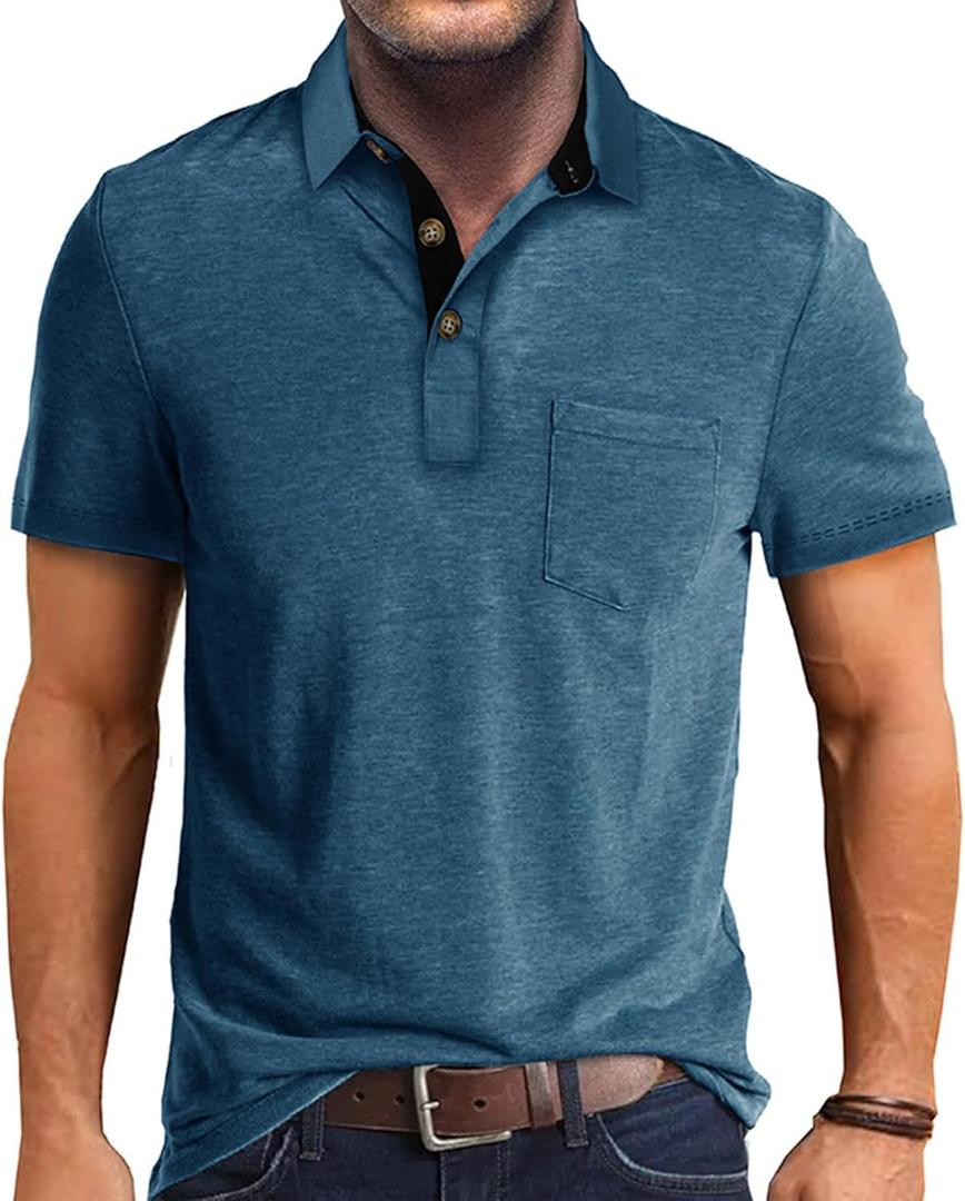 Men's Fashion Polo Shirts Short Sleeve Casual Cotton Golf Shirts Moisture Wicking Polo Shirt with Pocket (3X-Large, Dark Blue)