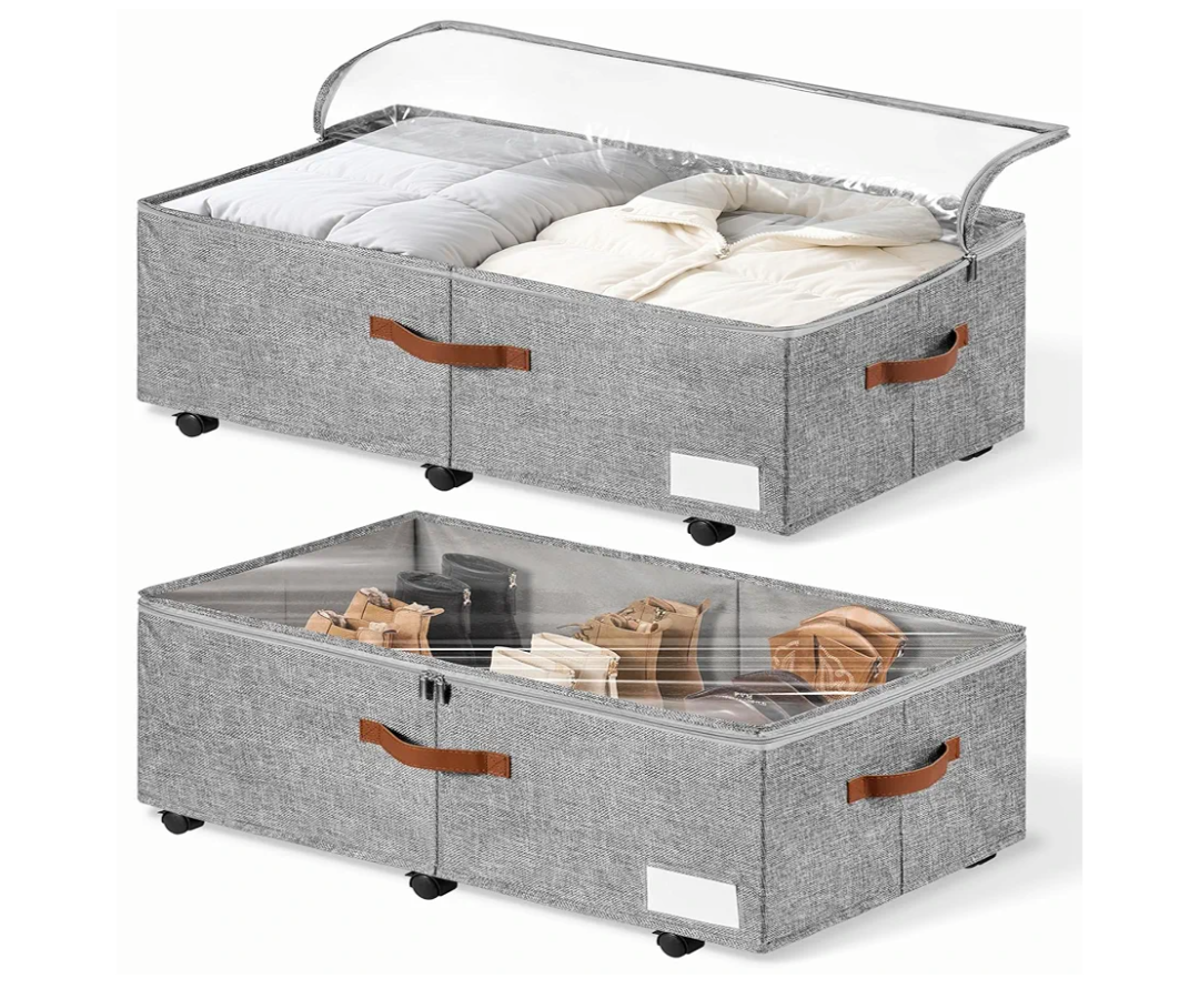 60L Large Under Bed Storage with Wheels Pack of 2, Underbed Shoe Container Bin with Clear Lid Cover, 10.5 Inches Rolling Under Bed Drawer Storage Bag Basket for Boots Quilt Sweater - Grey