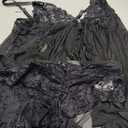 Foxiny Sexy Open Front V Neck Ruffle Sheer Mesh Lace Wireless Babydoll Lingerie Dress with Thong 2 Piece (Black, L)