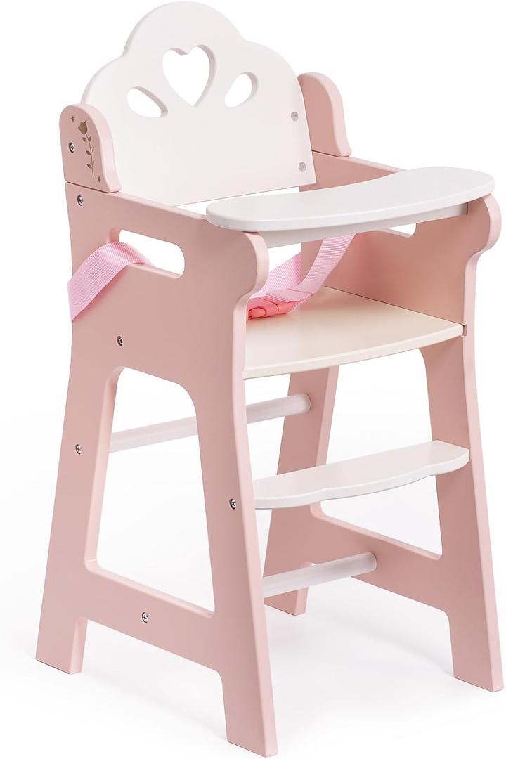 ROBOTIME High Chair for Pretend Play, Wooden Baby Doll Furniture with Safety Belt and Footrest, Fits 18 Inch Dolls, Gift for Ages 3+, White/Pink