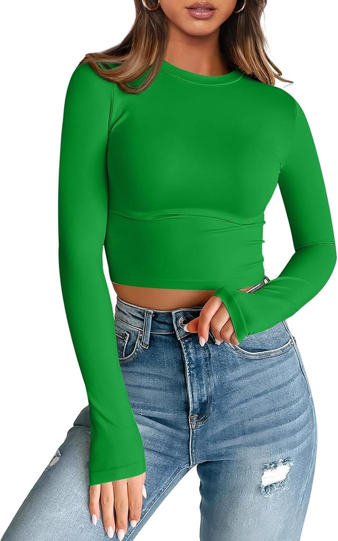 Trendy Queen Womens Long Sleeve Crop Tops Basic Slim Fitted Shirts Fashion 2025 Going Out Y2k Tops Teen Girl Clothes (Small, Green)