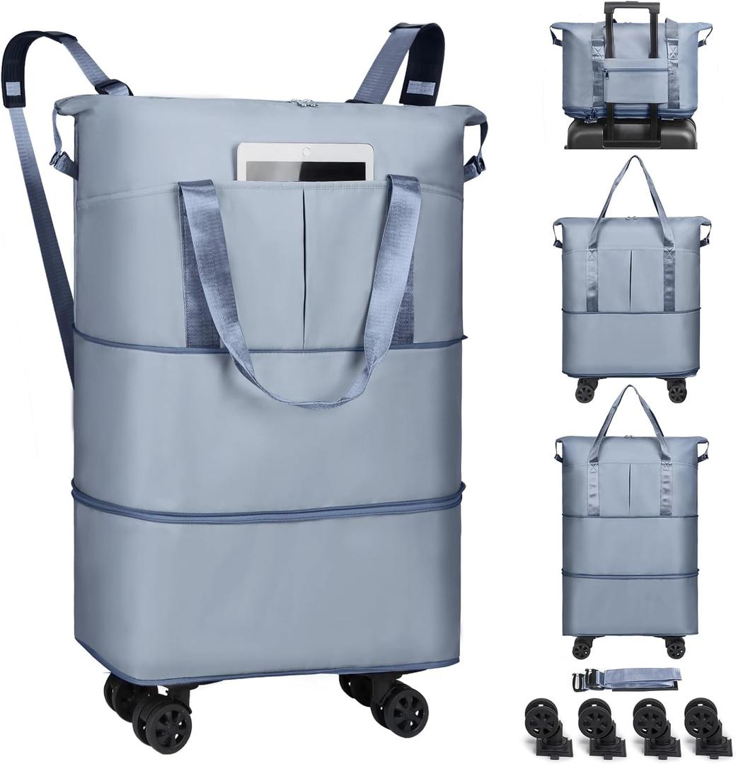 VOOWO Duffel Bag with Wheels - Rolling Foldable Expandable Duffle Bag with Wheels for Travel, Rolling Luggage Bag Carry On Travel Bag with Wheels, Large Wheeled Overnight Weekender Bag (Blue)