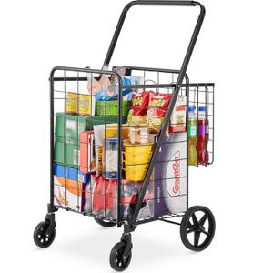 VEVOR Folding Shopping Cart, Jumbo Grocery Utility Cart with Double Baskets, 360 Swivel Wheels, 110 LBS Large Capacity Heavy Duty for Laundry, Shopping, Grocery, Luggage, Black