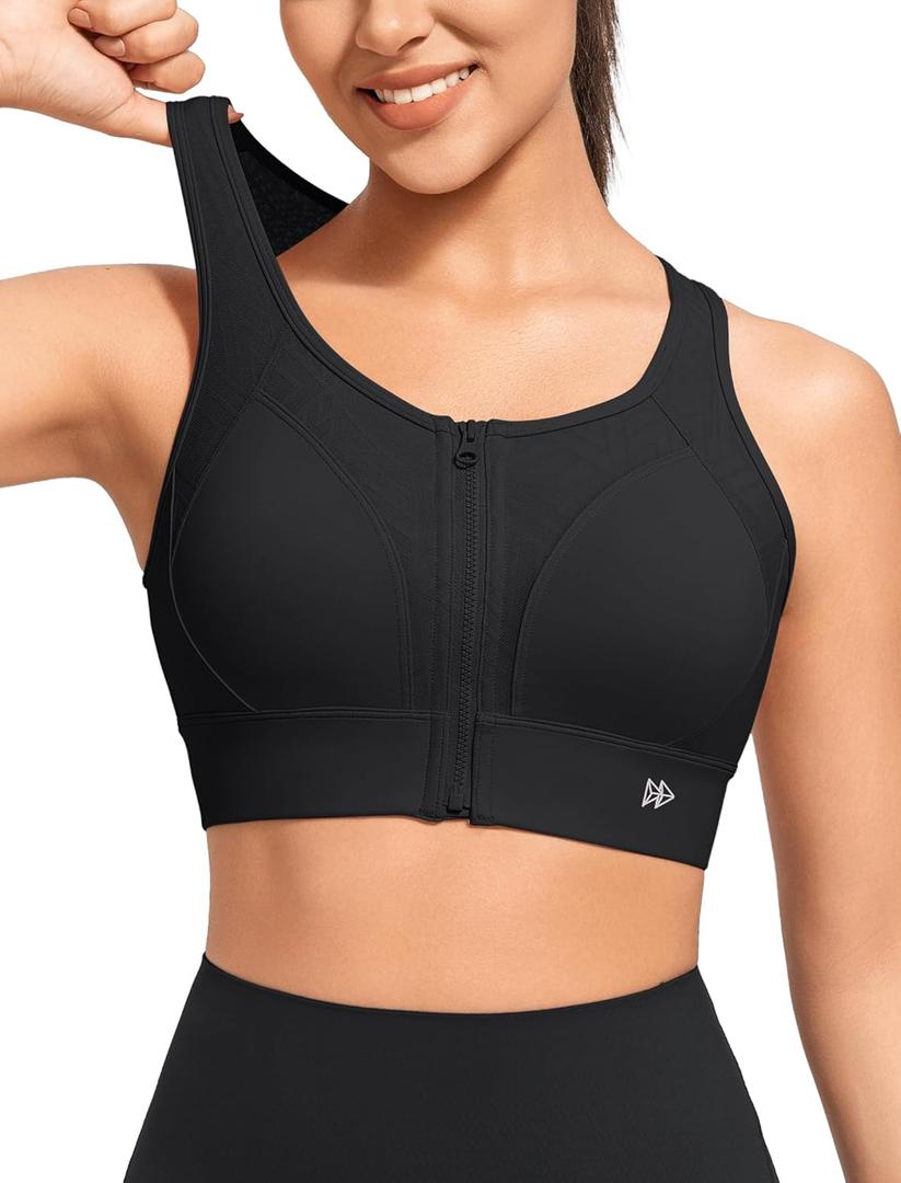 Yvette High Support Sports Bras for Women Zip Front Closure Sports Bra Plus Size Supportive Mold Cups Running Workout,Black,S+