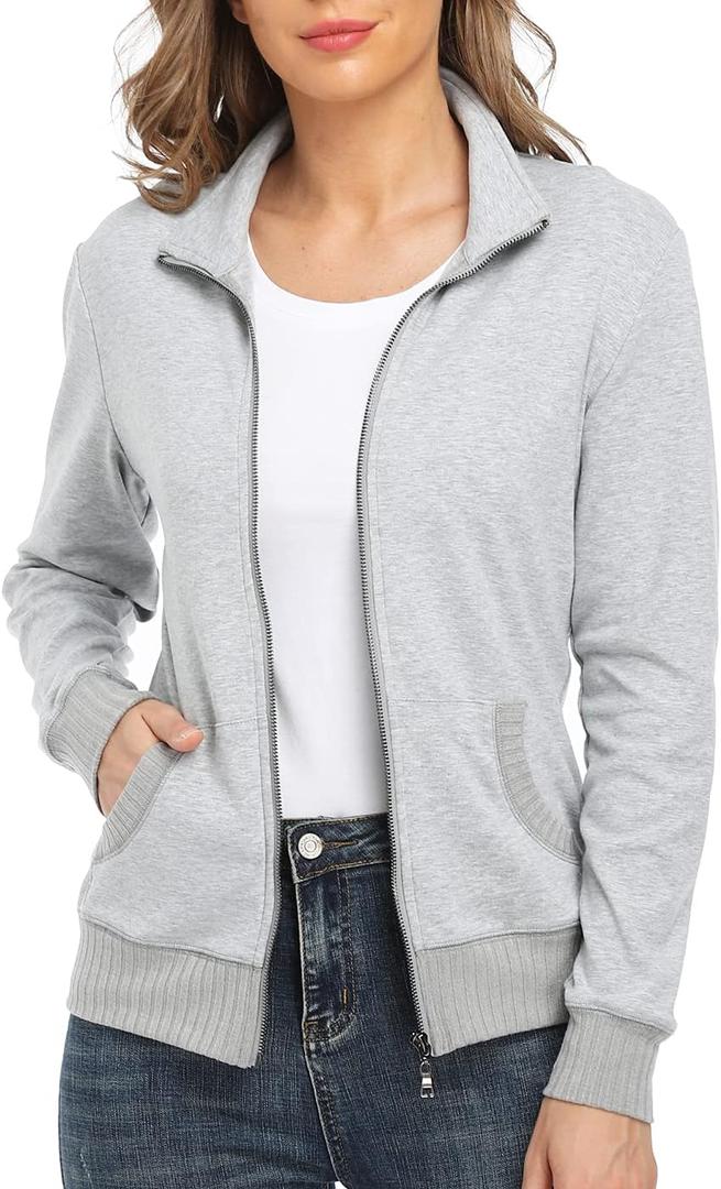 Women's Zip up Sweatshirt Jacket Stand Collar Hoodless Running Sweatshirt with Pockets (Medium, Long Sleeves - Light Grey)