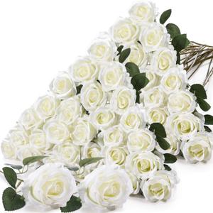 Jexine 60 PCS Artificial Roses Bulk Silk Flowers with Long Stems, Realistic Faux Rose Bouquet for Wedding Centerpieces, Valentines Party, Home Decor (White)