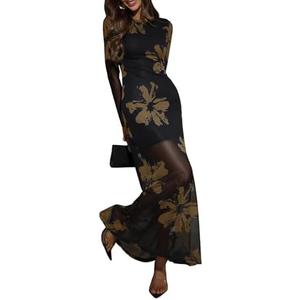 Verdusa Women's Floral Mesh Maxi Dresses Elegant Formal Long Sleeve Spring Wedding Guest Dress Cocktail, S