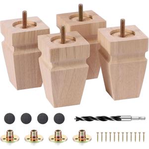 4 Inch Unfinished Oak Sofa Legs - Heavy Duty Mid Century Solid Wood Replacement Furniture Legs Set of 4 for Couch, Table, Bench, Bed, Dresser, Chair - with Installation Hardware (Natural) (Plain Wood Color)