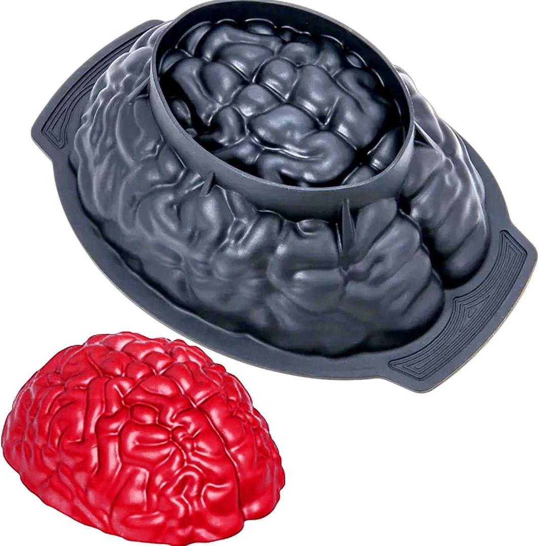 Silicone Brain Jello Mold, Halloween Cake Mold Large Volume Baking Pan with Support Base for Halloween Brain Jello Cake Candy Chocolate Jelly or Pudding