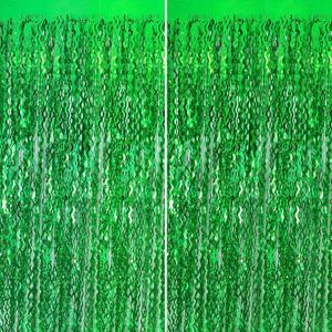 2 x Green Streamers Foil Fringe Curtains Fringe Backdrop Curtains, Football Party Decorations, Green Birthday Decorations for Boy, Christmas Favor, Dinosaur Birthday Decor, Jungle Party Decorations (2 pack)