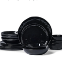 Famiware Porcelain kitchen plates and bowls set, Modern dishes set for 4, Handmade Wave Edge Dinnerware Sets, Microwave and Dishwasher Safe Tableware, Glossy-black, (16pc)