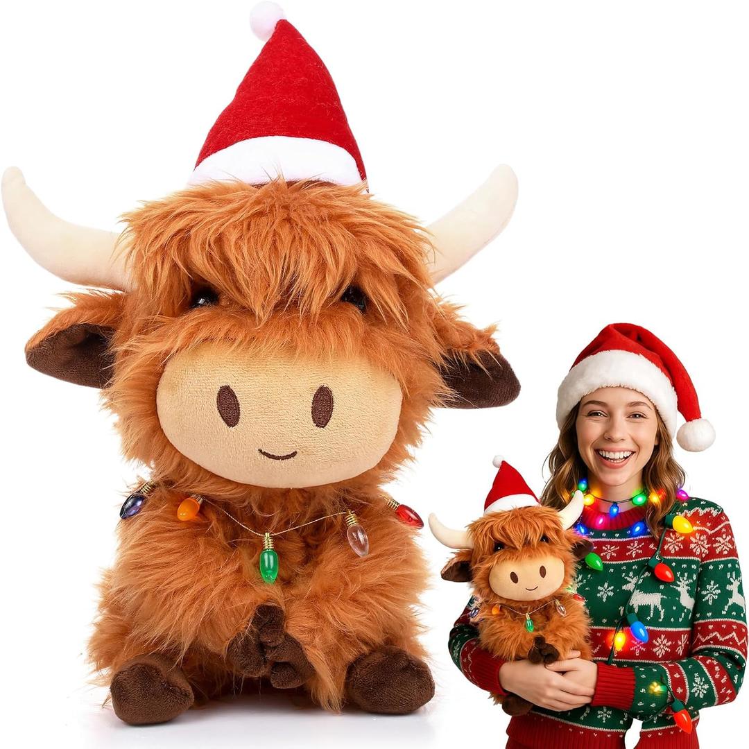 Christmas Highland Cow Stuffed Animals 7.87 Inch Brown Highland Cow Plush Toy with Santa Hat Colorful Light Bulbs Cute Plushies Decorations for Xmas Holiday Kids Adults Boys Girls Gifts