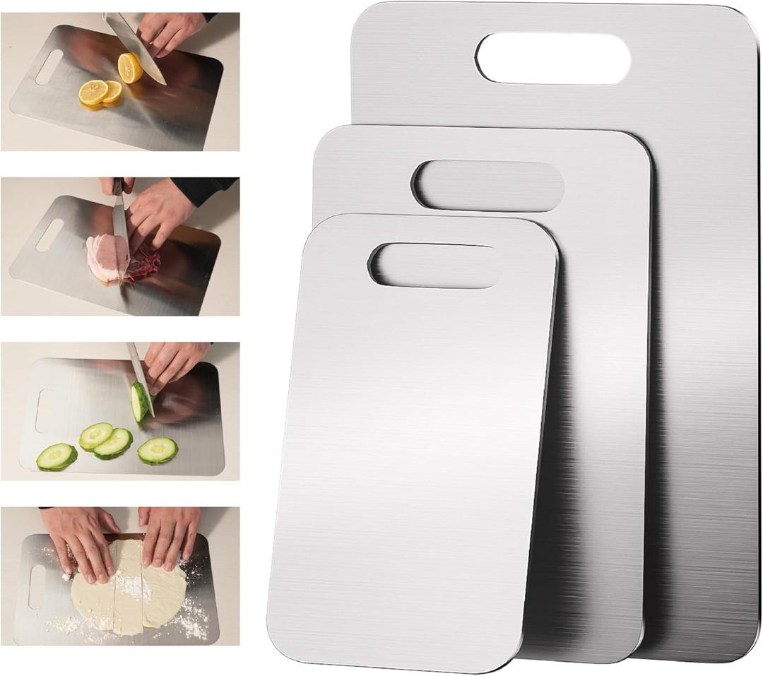 Stainless Steel Cutting Boards for Kitchen, 304 Steel Chopping Boards for Meat, Fruits & Break, Non-Slip, Dishwasher Safe, Pack of 3 (15.3"x11", 13.4"x9", 11.8"x8") Stainless Steel Cutting Boards for Kitchen, 304 Steel Chopping Boards for Meat, Fruits & Break, Non-Slip, Dishwasher Safe, Pack of 3 (15.3"x11", 13.4"x9", 11.8"x8")
