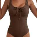 Aleumdr Womens Textured One Piece Swimsuit Tummy Control Bathing Suit Tie Knot Cutout Swimwear (Brown, M)