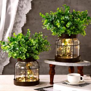 2 Set Vintage Glass Vase Rustic Farmhouse Lantern Decor with Artificial Plants Lights Decorative Clear Vase for Home Decor Floral Arrangement Dining Table Centerpieces(Eucalyptus Leaf)