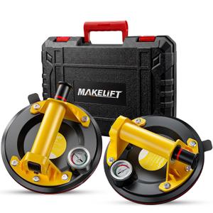 MAKELIFT Suction Cups for Glass, 8" Tile Suction Cup Tool, 260KG Max Load, Pressure Gauge, Towel & Gloves, Heavy-Duty Vacuum Lifter for Window, Windshield, Marble, Granite and Metal (2-Pack)