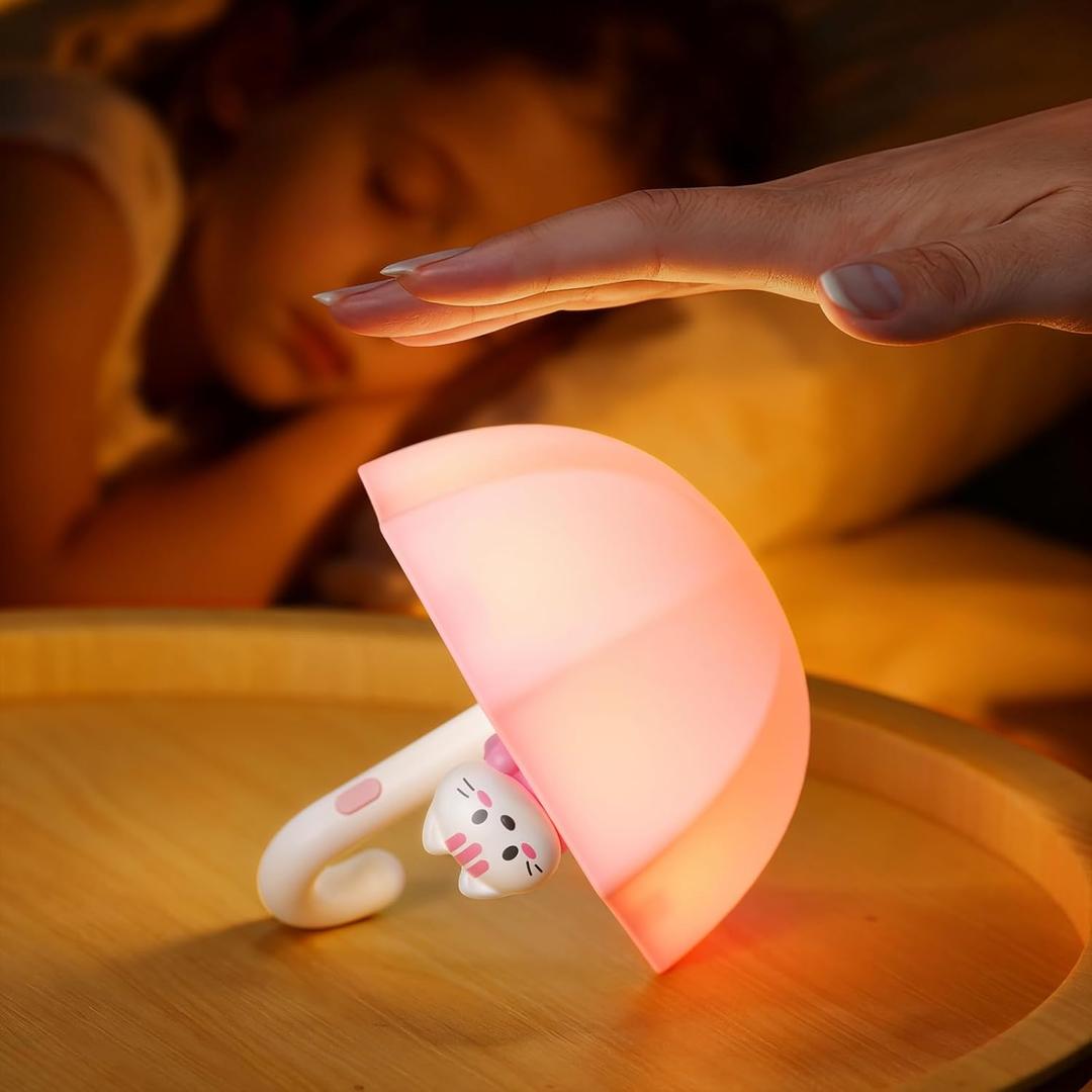 LED Umbrella Night Light, Rechargeable Touch Lamp for Nursery, Bedside Lamp with Cute Animal Design, White (Pink)