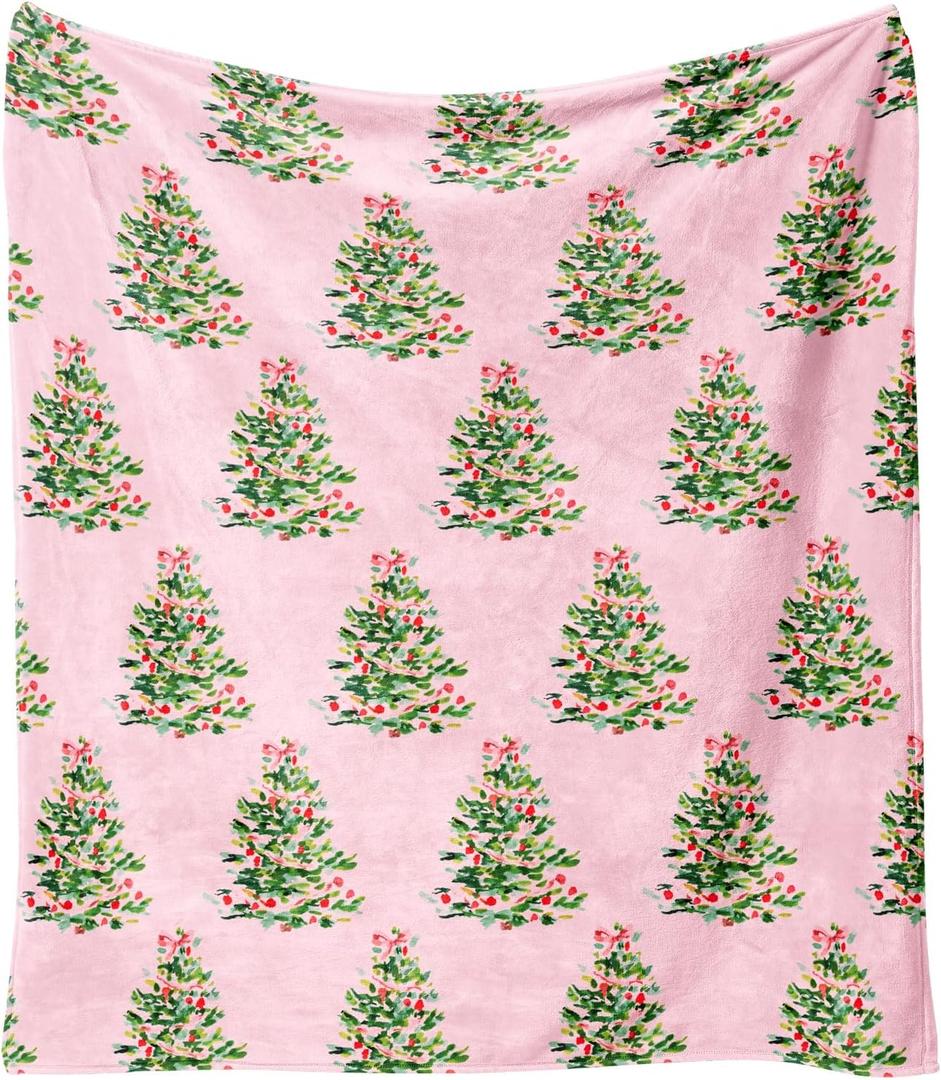 Christmas Throw Blanket 60"x50",Winter Merry Cute Pink Xmas Trees Holiday Festival Blanket for Women Men,Soft GIFS Flannel Fleece Throw for Home Living Room Bed Chair Couch Decor
