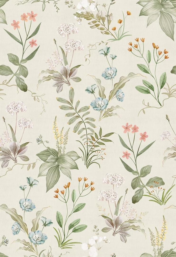 Simon&Siff Vintage Wallpaper Peel and Stick Beige Floral Contact Paper Wildflowers Botanical Wall Paper Removable Renter Friendly Wallpaper 17.3 in x 9.8ft