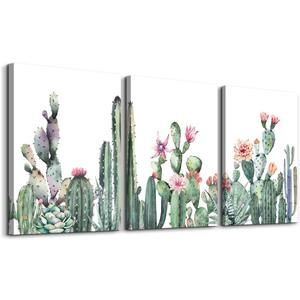 Canvas Wall Art For Living Room Bathroom Wall Decor For Bedroom Kitchen Artwork Canvas Prints Green Succulent Cactus Painting 16" X 24" 3 Pieces Modern Framed Office Home Decorations Family Picture