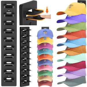 Lifewit Wall-Mounted Hat Organizer, 20 Baseball Caps Storage with Elastic Clamps (Each Holds 10), Hat Display Rack for Door, Retail Store, Nails or Adhesive, Closet Cap Holder, Black, 2-Pack