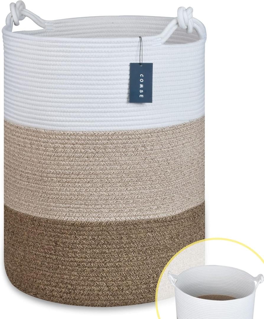 COMSE Extra Large Blanket Basket, Tall Woven Storage Basket, Nursery Hamper, 15.7x 21.7, Cotton Rope Laundry Hamper for Toys Clothes Towels, White/Gradient Brown