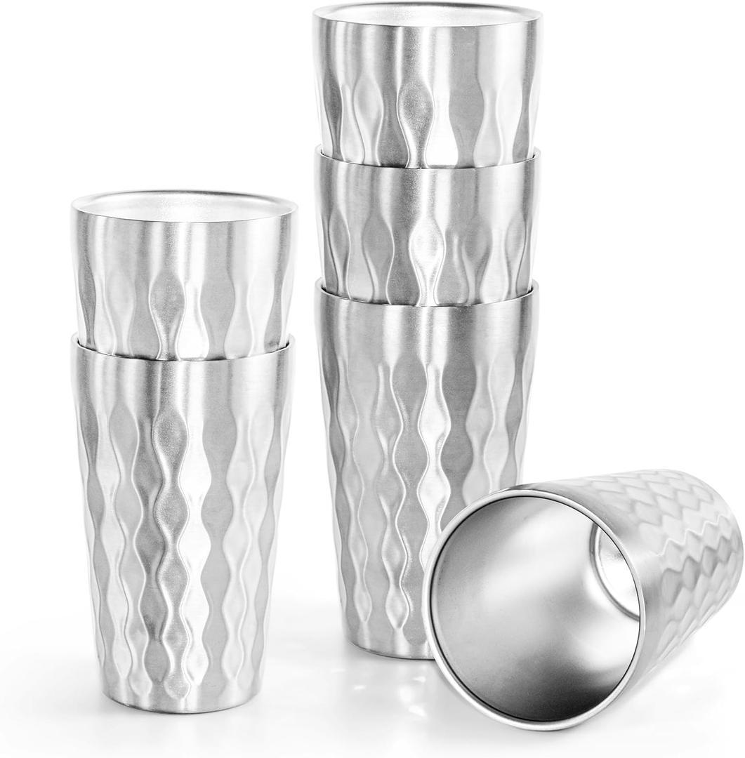 AGH 6 Pack Stainless Steel Kids Cups, 12oz Double Layer Insulated Metal Drinking Cups for Camping, Parties & Outdoors (Matte Silver)