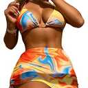 COZYEASE Women's 4 Piece Swimsuits Sexy Bikini Sets Triangle Bathing Suit with Mesh Cover Up Beach Skirt & Bandana M Multicolor All Over Print