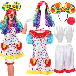 6 Pcs Clown Costume Set Women Circus Dress Rainbow Clown Wig Headband Nose Shorts Gloves for Halloween Cosplay (M)