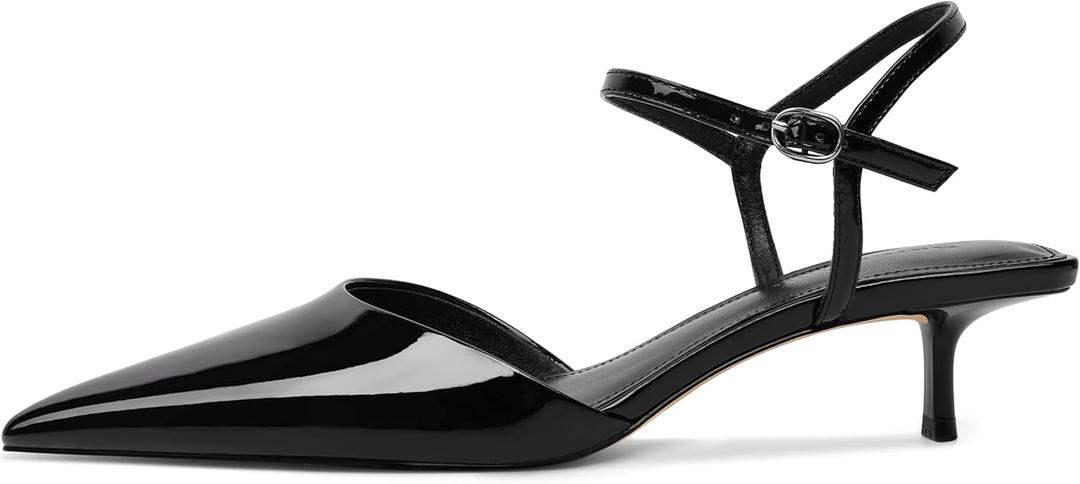SAMMITOP Black Kitten Heels for Women Closed Pointed Toe Ankle Strap Slingback Heels Low Heel Pumps Shoes Dressy Patent Leather 1.5 Inch Size 10