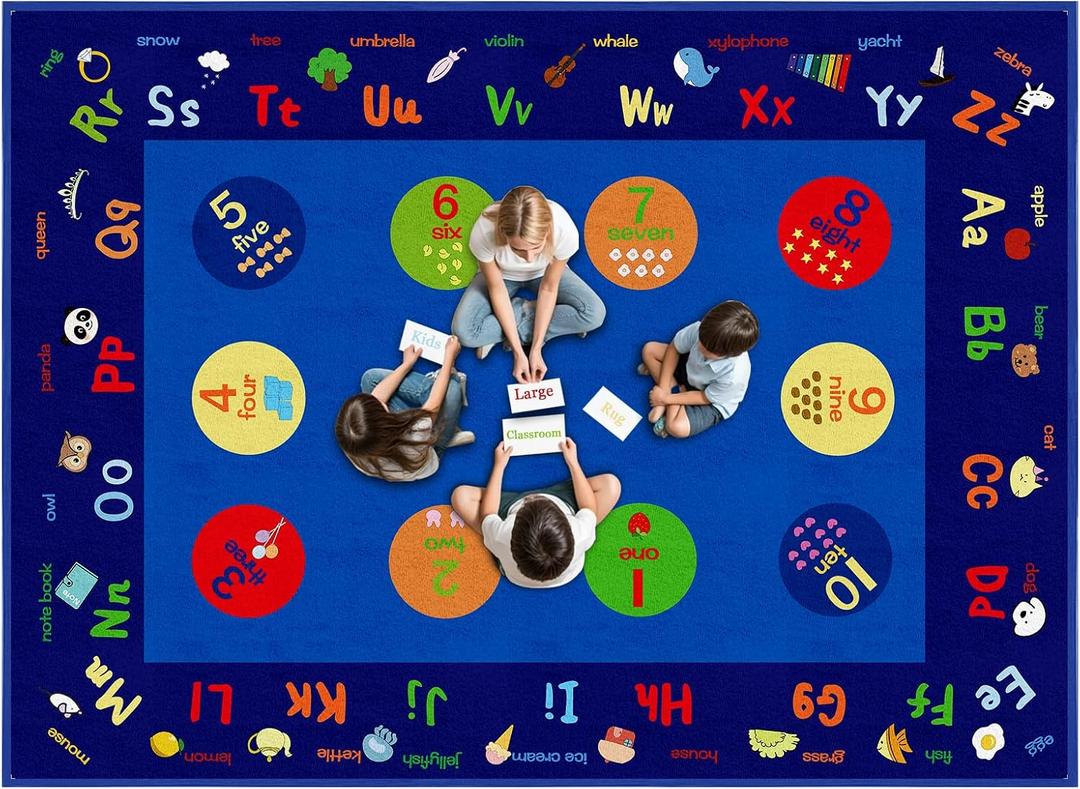 Large Classroom Rug, 6.56Ft ×9Ft Kids ABC Rugs for Toddler Playroom, Education Preschool Carpet for Learning Alphabet, Numbers, Words, Area Elementary Playmat for Daycare Nursery Kindergarten