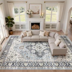 10x14 Area Rugs Living Room: Washable Boho Large Neutral Vintage Soft Rug Stain Resistant Farmhouse Non Slip Indoor Floor Carpet for Bedroom Nursery Kids Playroom Office Dining Room- Blue Tan