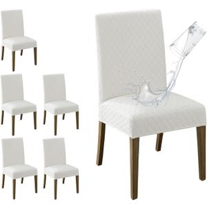 MOSAYT 100% Waterproof Dining Room Chair Covers Set of 6, Super Fit Stretch Jacquard Parson Chairs Slipcovers Removable Washable Chair Seat Protectors for Home, Kitchen, Banquet (White)