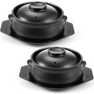 2 Pcs Korean Stone Pot Clay Cooking Pot Set Ceramic Sizzling Hot Bowl Korean Bibimbap Soup Dolsot Bowl with Lids for Ttukbaegi and Koreans Stew (38 Oz)