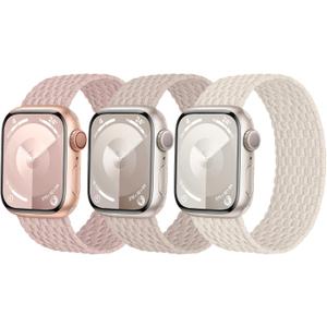 3 Pack Stretchy Braided Solo Loop Compatible with Apple Watch Band 40mm 41mm 42mm 38mm 44mm 45mm 46mm 49mm Women Men, Elastic Nylon Solace Straps for iWatch Series 10 9 8 7 6 5 4 3 Ultra 2 SE 2 (Pink/Starlight/Milktea)